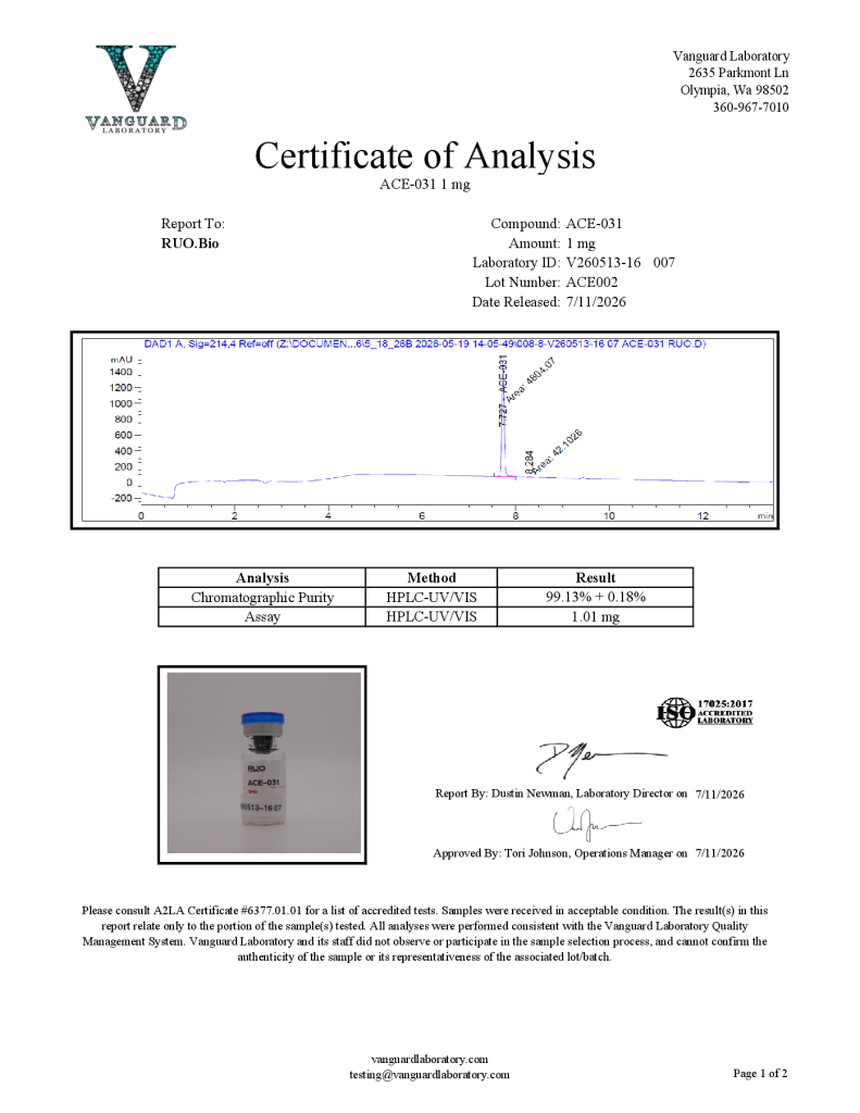 Certificate of Analysis preview for ACE-031 1mg lot ACE002, tested June 16, 2026