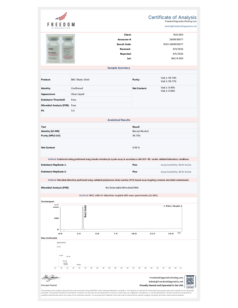 Certificate of Analysis preview for Benzyl Alcohol Solvent lot BAC-R-003, tested September 5, 2026