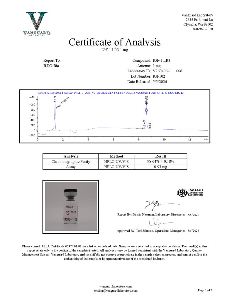 Certificate of Analysis preview for IGF-1 LR3 lot IGF102, tested May 5, 2026