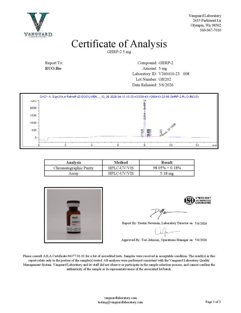 Certificate of Analysis preview for GHRP-2 5mg lot GH202, tested May 6, 2026