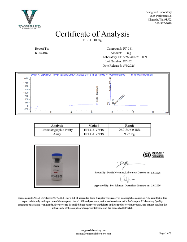 Certificate of Analysis preview for PT-141 10mg lot PT402, tested May 6, 2026