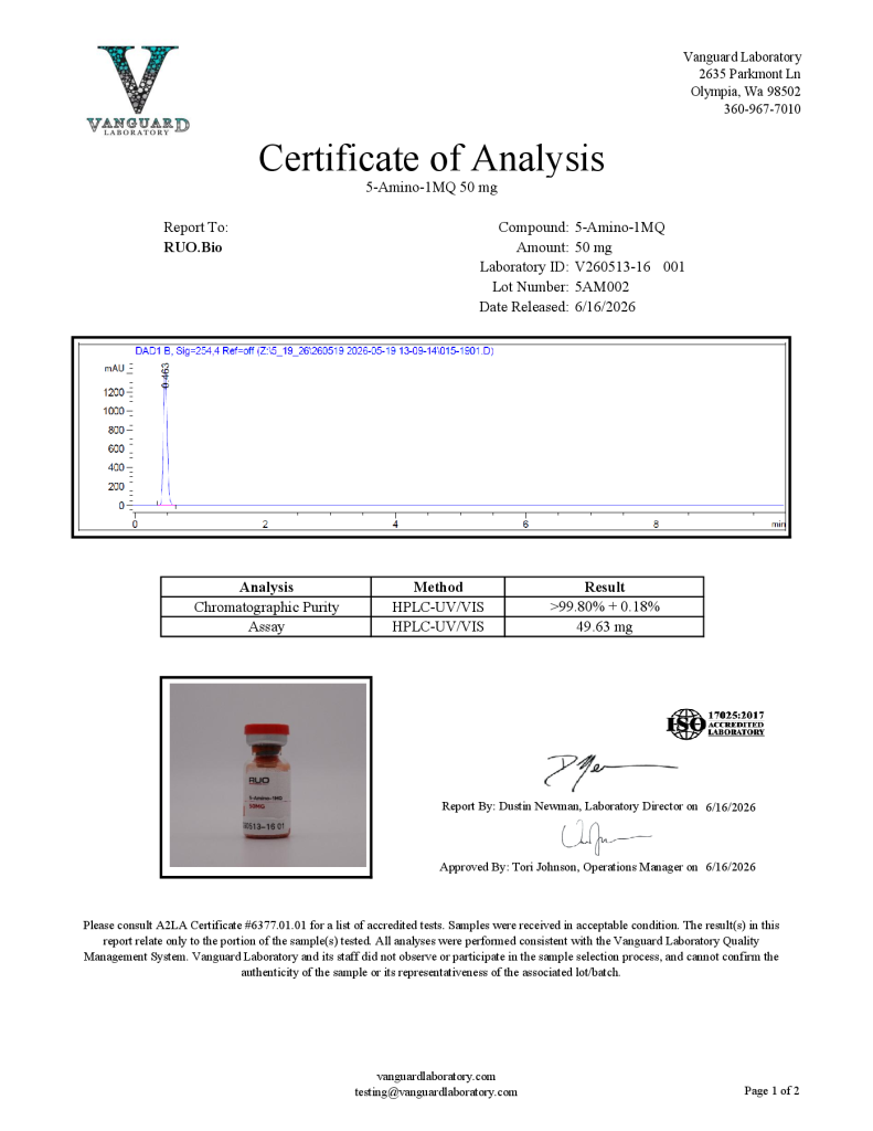 Certificate of Analysis preview for 5-Amino-1MQ 50mg lot 5AM002, tested June 16, 2026