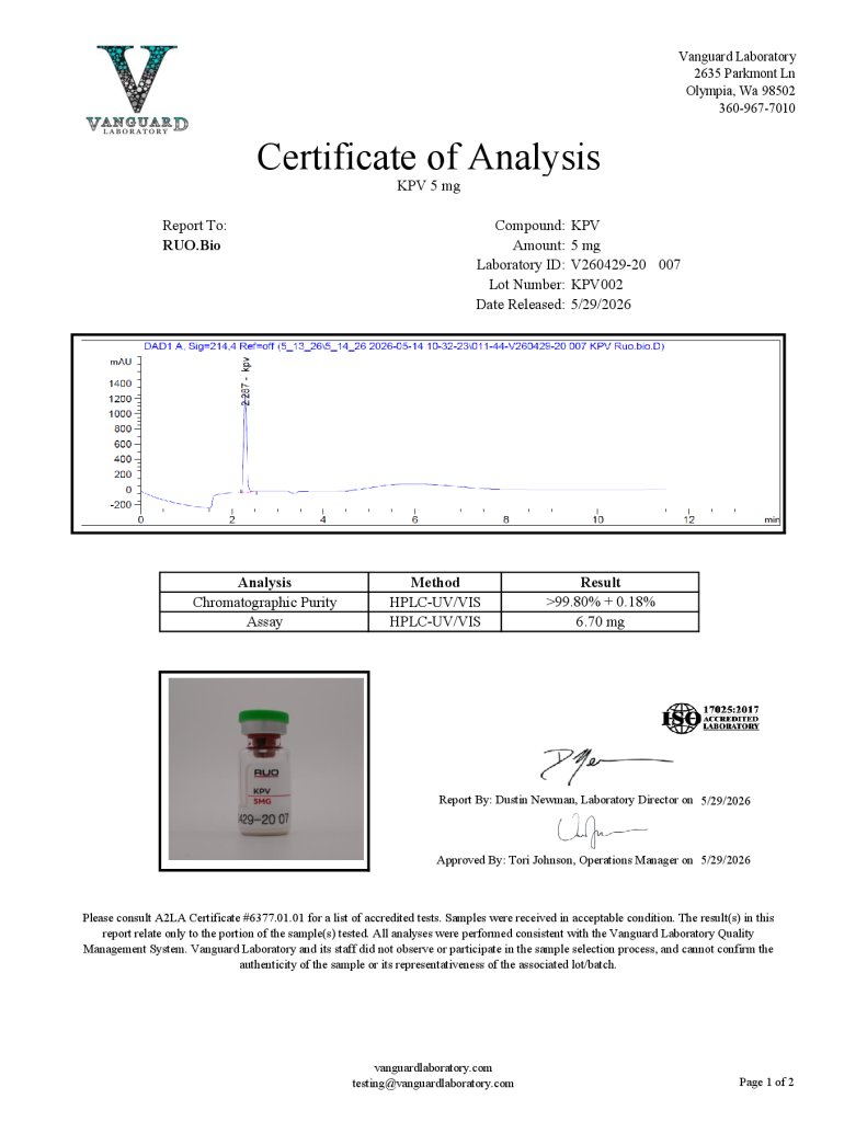 Certificate of Analysis preview for KPV 5mg lot KPV002 (Conformity), tested May 29, 2026