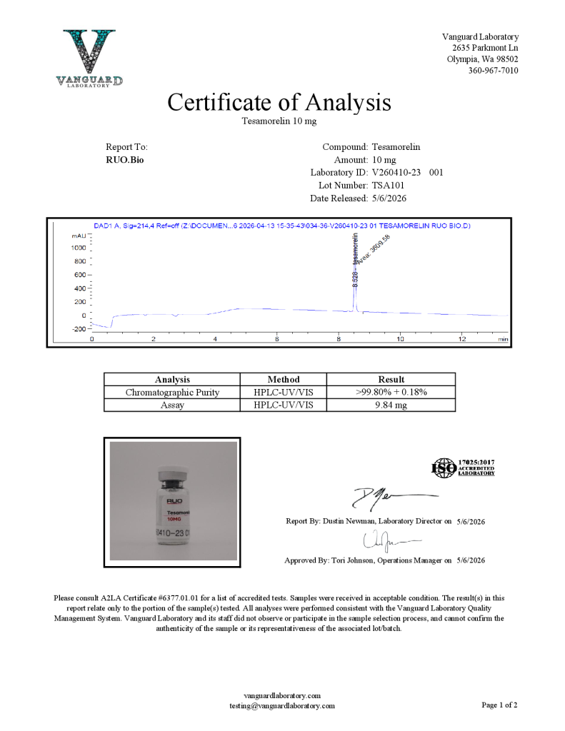 Certificate of Analysis preview for Tesamorelin lot TSA101, tested May 6, 2026