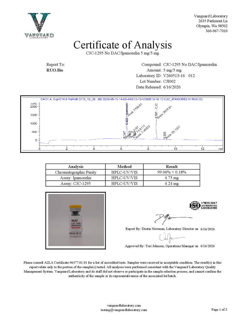 Certificate of Analysis preview for CJC-1925 + Ipamorelin 5mg/5mg lot CJI002, tested June 16, 2026