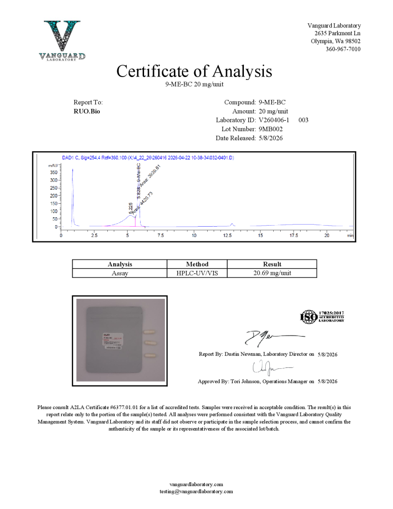 Certificate of Analysis preview for 9-Me-Bc 20mg – 30 units lot 9MB002, tested May 8, 2026